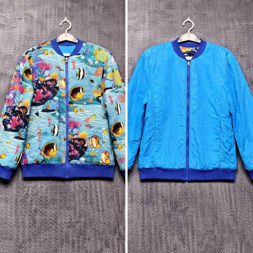 VTG Reversible Bomber Jacket 36 Blue Tropical Fish North American Relaxed